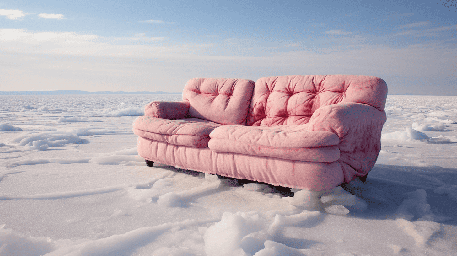pink couch in the middle of an ice lake in the winter time