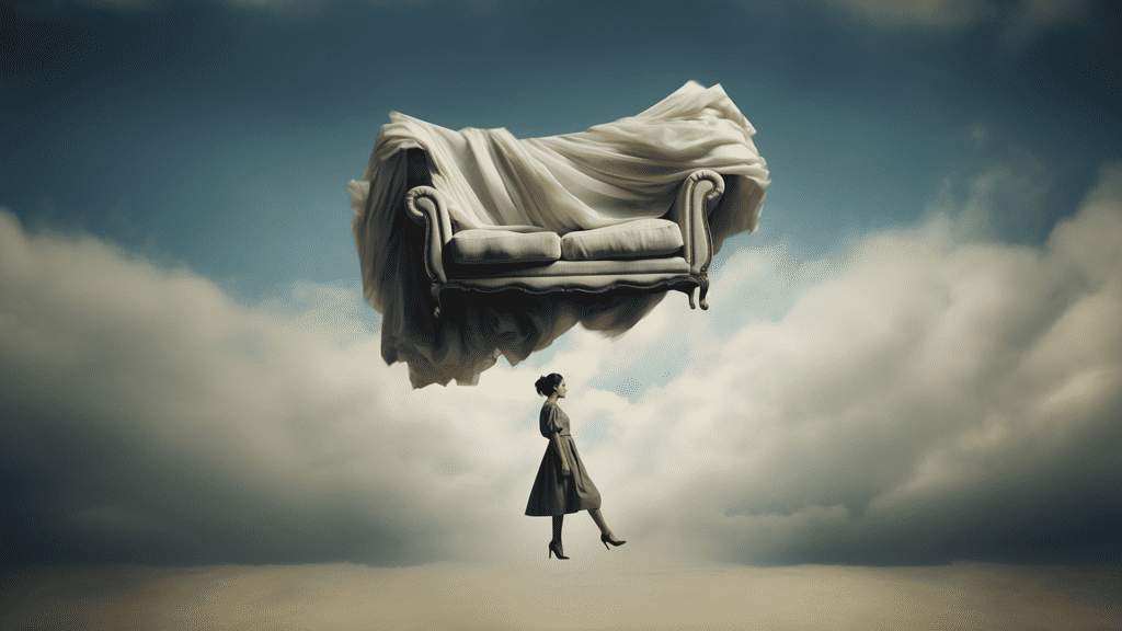 A woman in a dream state carrying a couch above her head as if in a dream