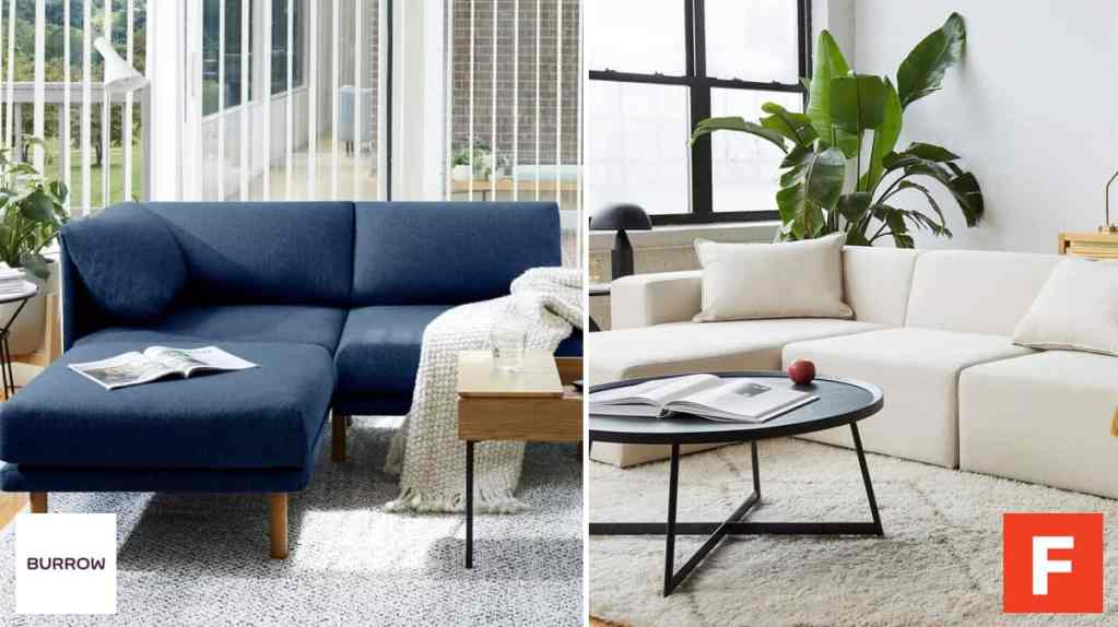 Burrow Range Modular Sofa in blue fabric with natural legs and Floyd Form Modular Sectional Sofa in white fabric