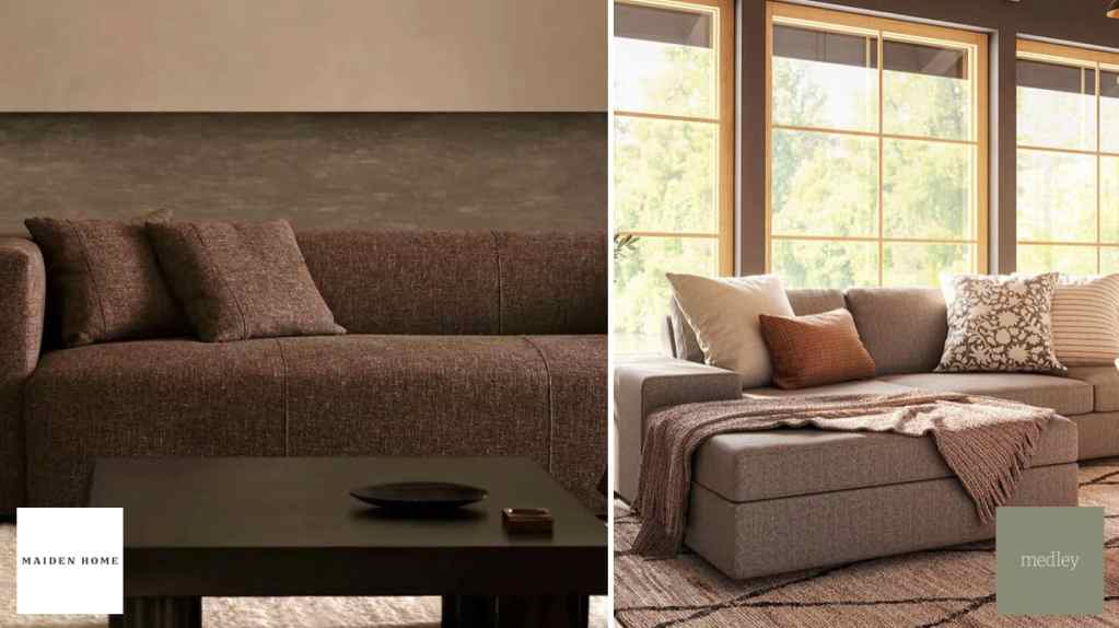 Maiden Home couch company compared to Medley Home couch company. Brown contemporary couch and gray two-piece sectional lifestyle image