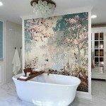 Addicted 2 Decorating lifestyle and home decor and interior design blog. Accent wall with magnolia forest wallpaper. Modern bathroom with white ceramic tub, glossy marble floor, wooden bath shelf, clustered glass chandelier, teal painted walls, crown molding.