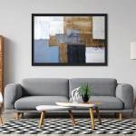 Room Decoration DIY lifestyle and home decor blog. Gray chunky contemporary sofa with natural round legs. Multi tier geometric coffee table with angled Mid Century Modern legs. Contemporary art.